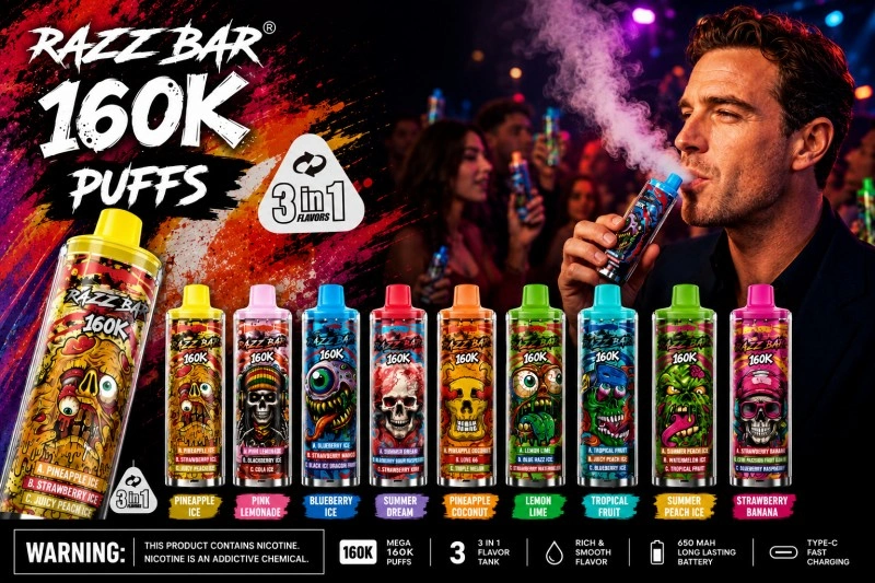 Razz Bar 160000 Potiahnutí Jednorazový vaporizér s nabíjaním