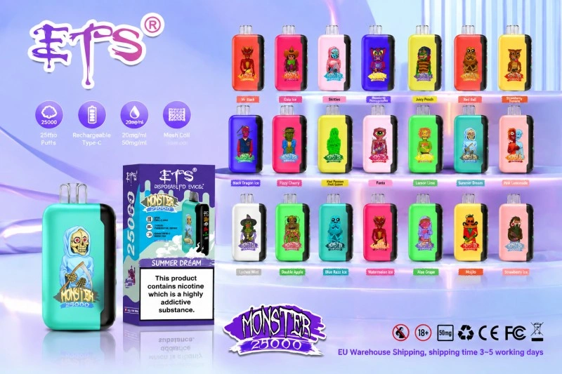 ETS Monster 25K – opakowanie detaliczne do e-papierosa oraz pudełko produktowe