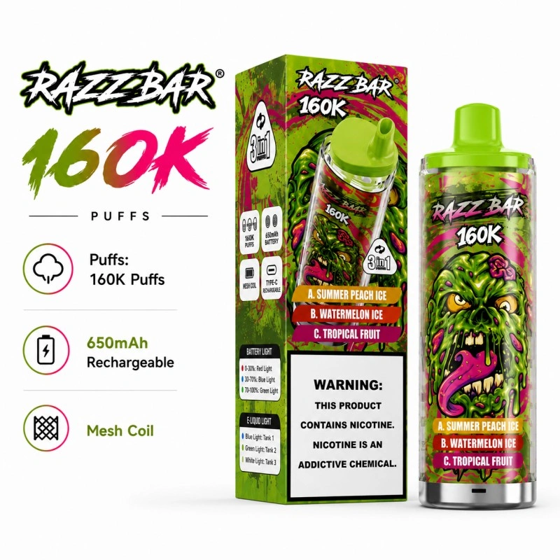 Razz Bar 160000 Pufov Trojchuteľný Jednorazový Vaporizér